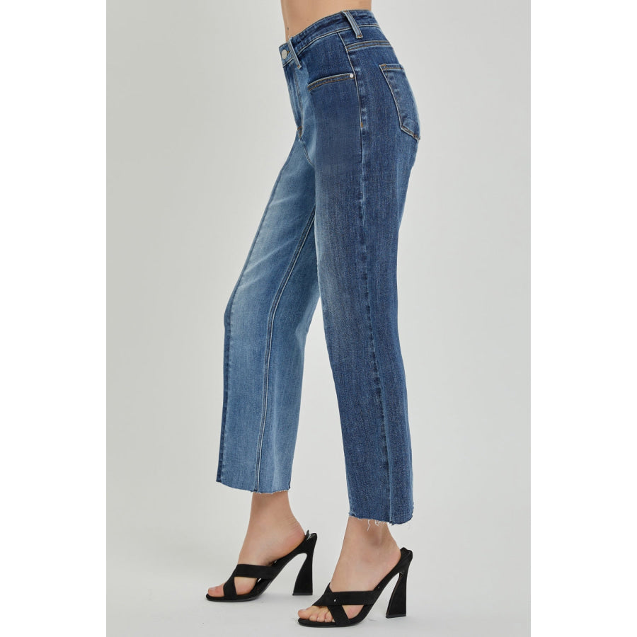 RISEN Full Size Mid-Rise Waist Two-Tones Jeans with Pockets Apparel and Accessories