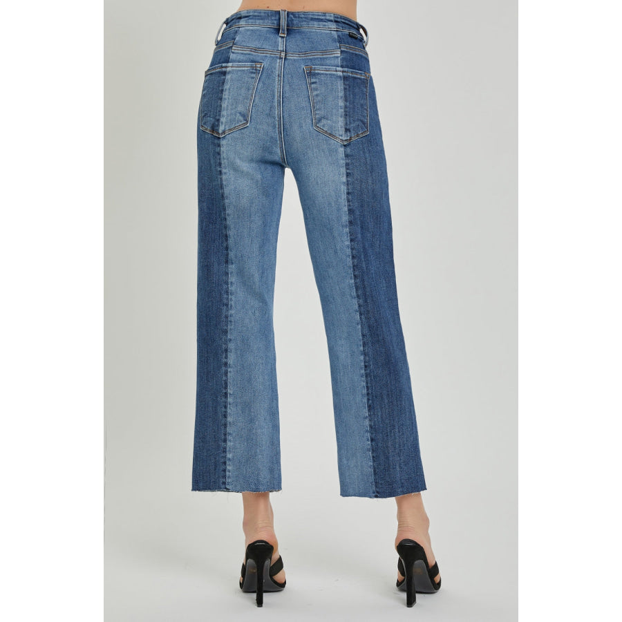 RISEN Full Size Mid-Rise Waist Two-Tones Jeans with Pockets Apparel and Accessories