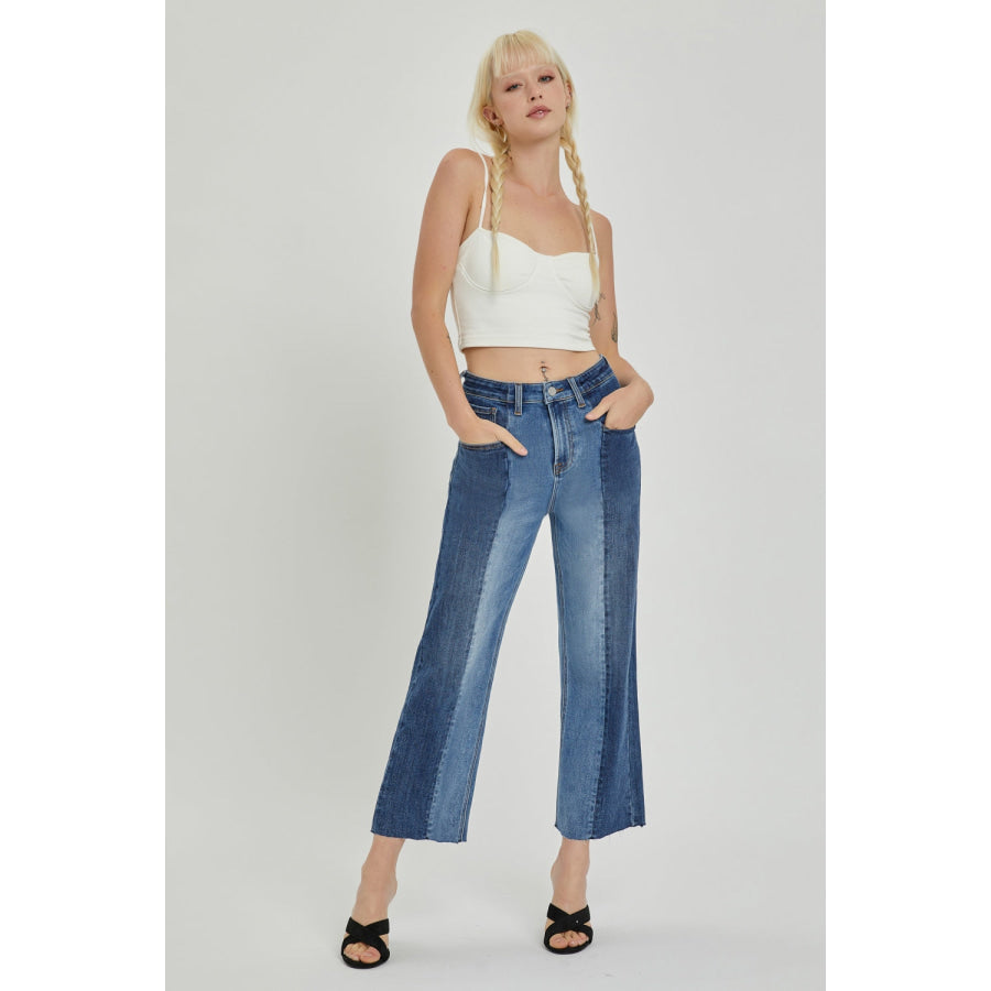 RISEN Full Size Mid-Rise Waist Two-Tones Jeans with Pockets Apparel and Accessories