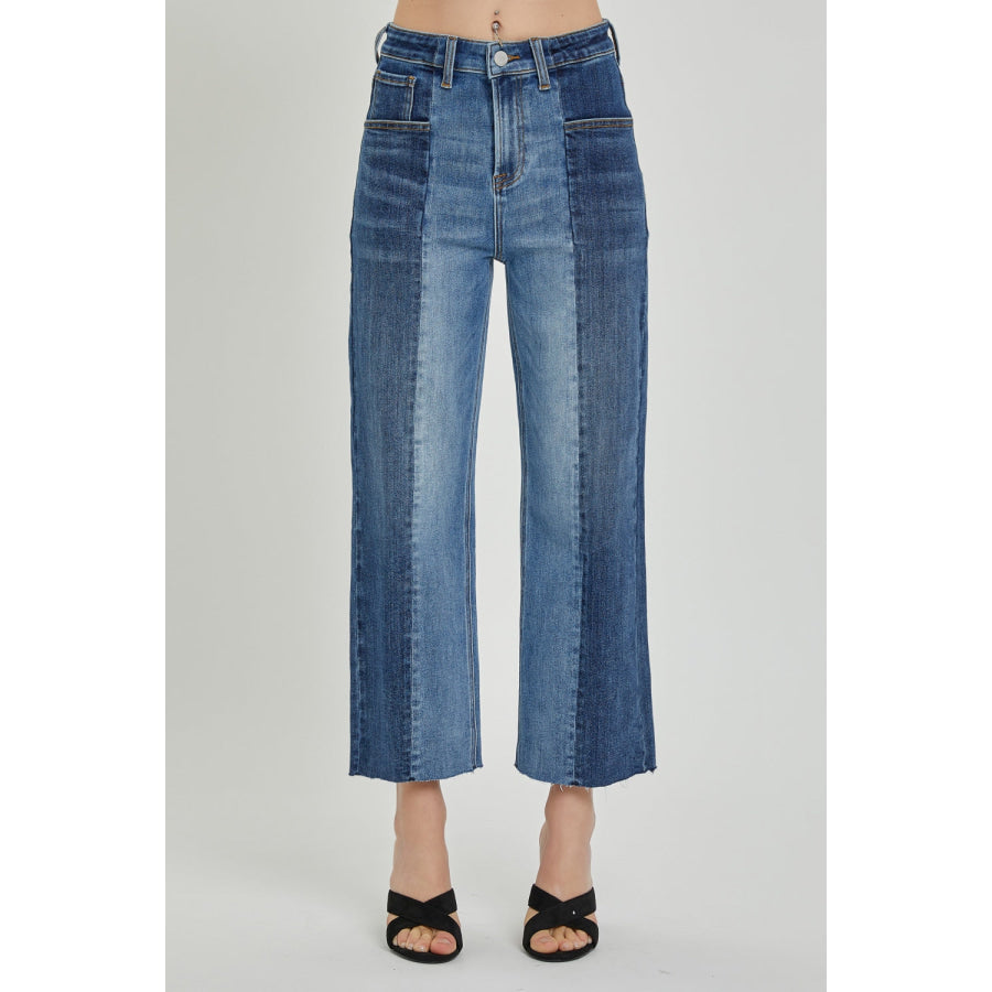 RISEN Full Size Mid-Rise Waist Two-Tones Jeans with Pockets Apparel and Accessories