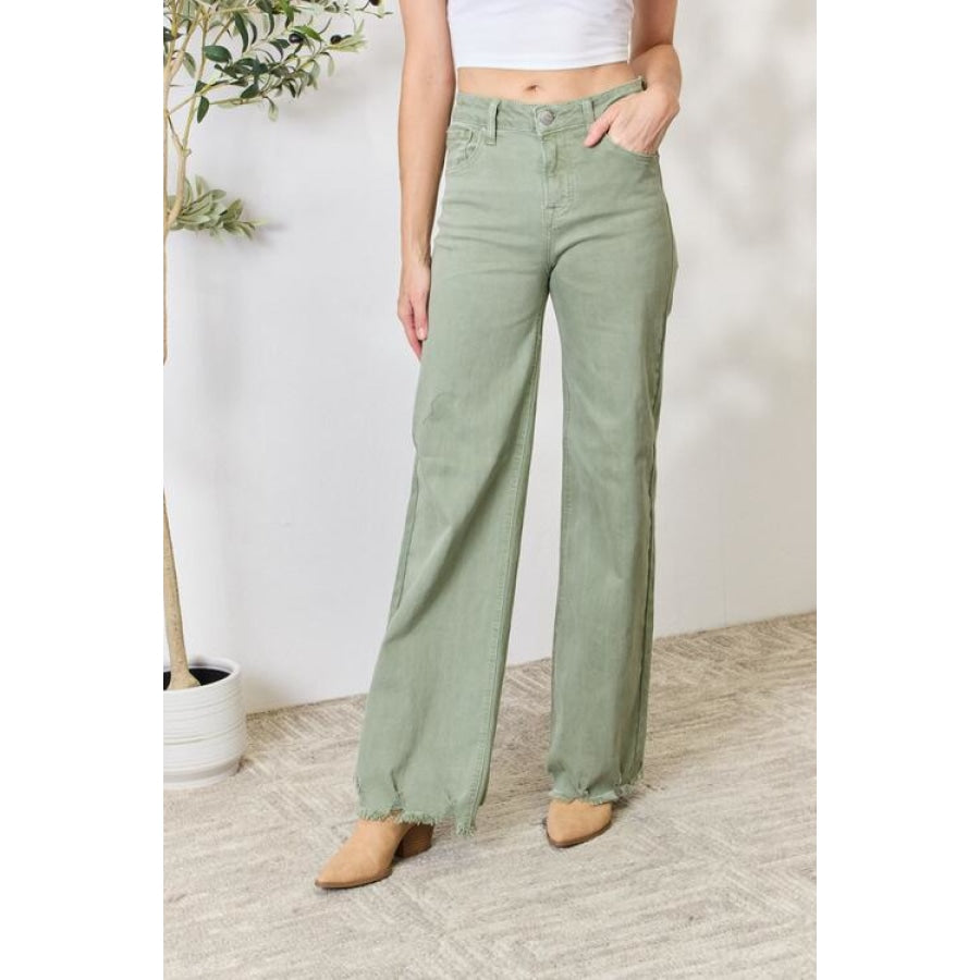 RISEN Full Size Raw Hem Wide-Leg Jeans Sage