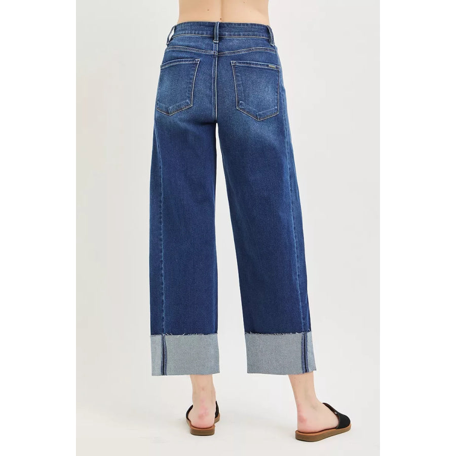 RISEN Full Size Slouchy Crop Barrel Cuffed Jeans Plus Size DARK / Apparel and Accessories