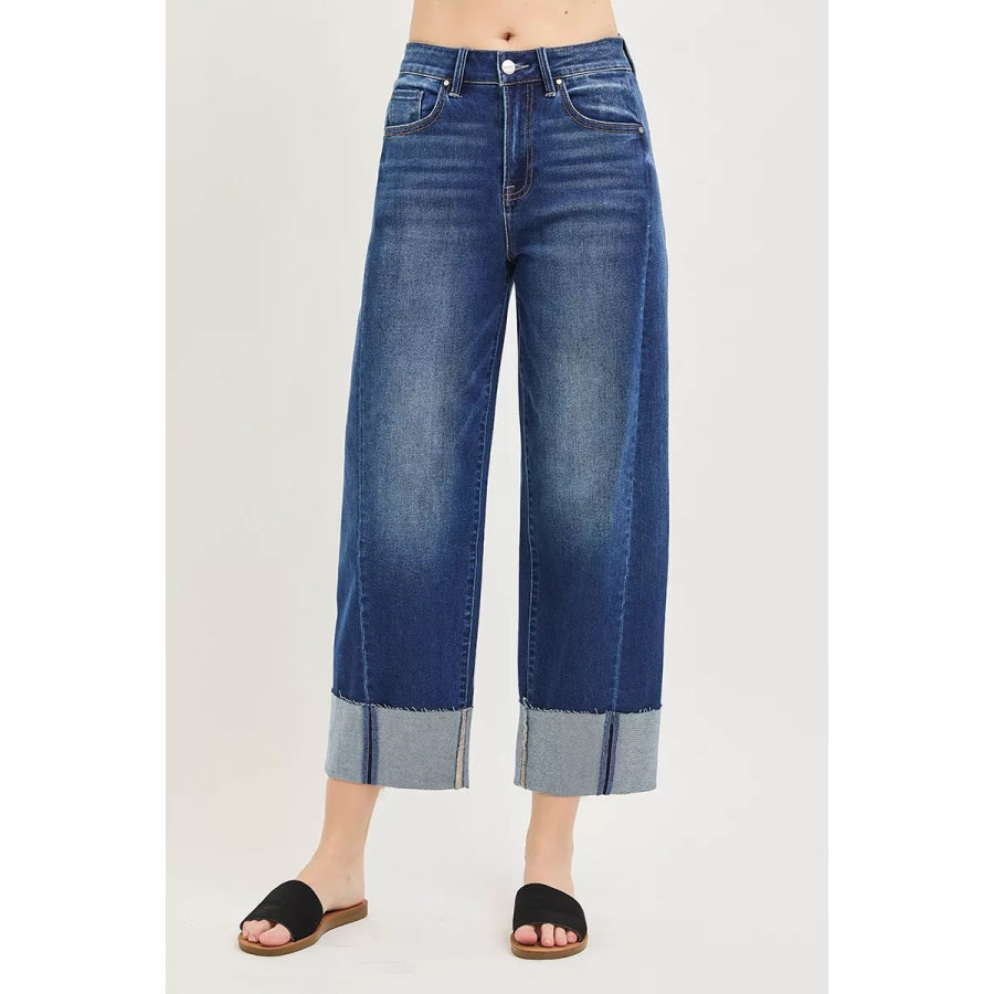 RISEN Full Size Slouchy Crop Barrel Cuffed Jeans Plus Size DARK / Apparel and Accessories