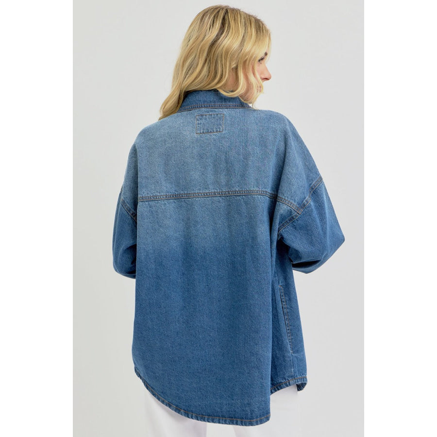 RISEN Full Size Snap Down Long Sleeve Denim Shacket Apparel and Accessories