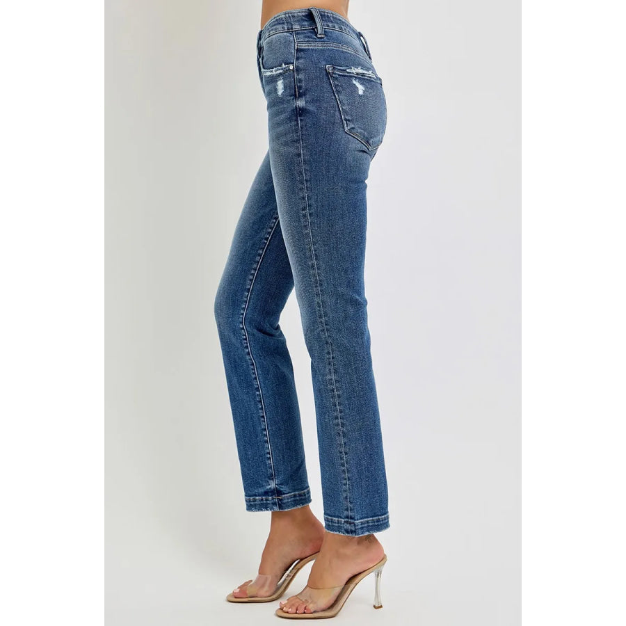 RISEN Full Size Tummy Control Elastic Band Mid Rise Straight Jeans Plus Size Apparel and Accessories