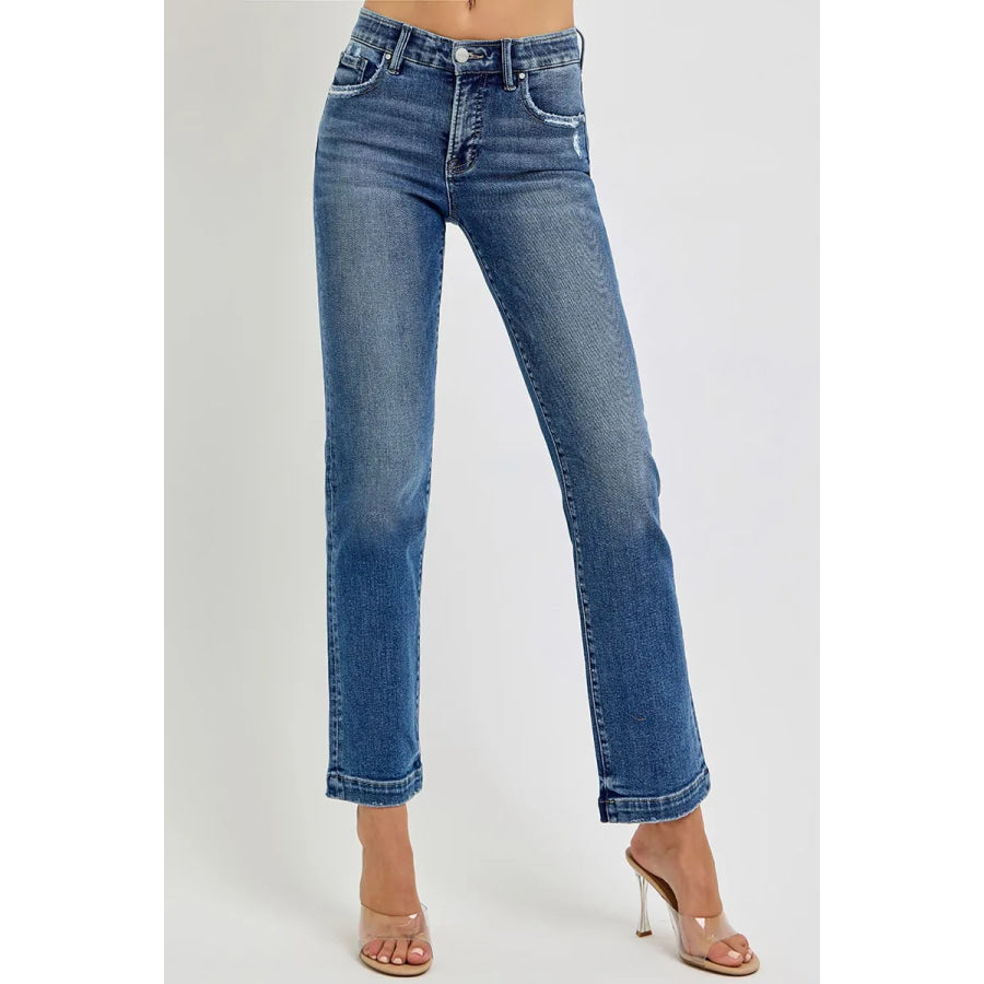RISEN Full Size Tummy Control Elastic Band Mid Rise Straight Jeans Plus Size Apparel and Accessories