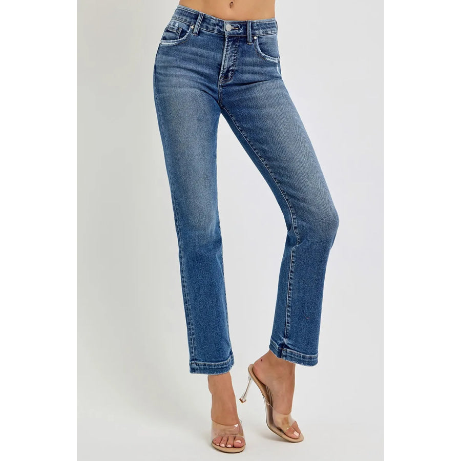 RISEN Full Size Tummy Control Elastic Band Mid Rise Straight Jeans Plus Size Apparel and Accessories