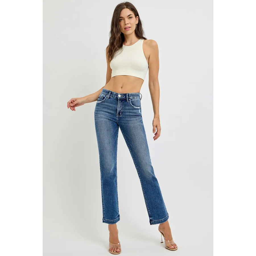 RISEN Full Size Tummy Control Elastic Band Mid Rise Straight Jeans Plus Size Apparel and Accessories