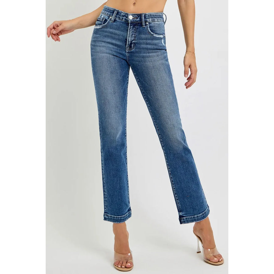 RISEN Full Size Tummy Control Elastic Band Mid Rise Straight Jeans Plus Size DARK / Apparel and Accessories