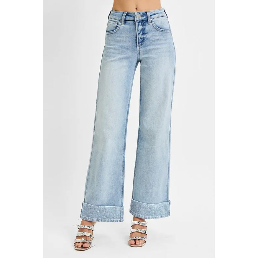 RISEN Full Size Tummy Control High Rise Ankle Wide Cuffed Jeans Plus Size Apparel and Accessories