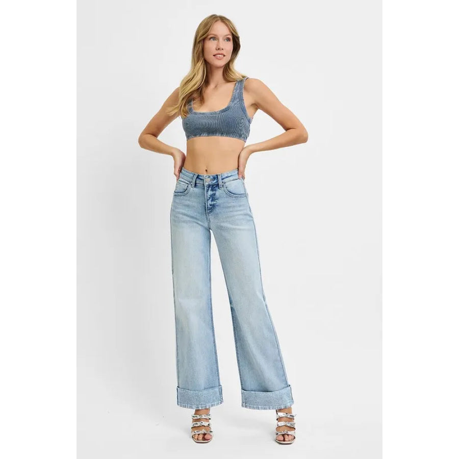 RISEN Full Size Tummy Control High Rise Ankle Wide Cuffed Jeans Plus Size Apparel and Accessories