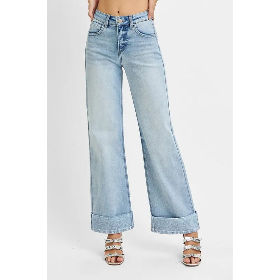 RISEN Full Size Tummy Control High Rise Ankle Wide Cuffed Jeans Plus Size Apparel and Accessories