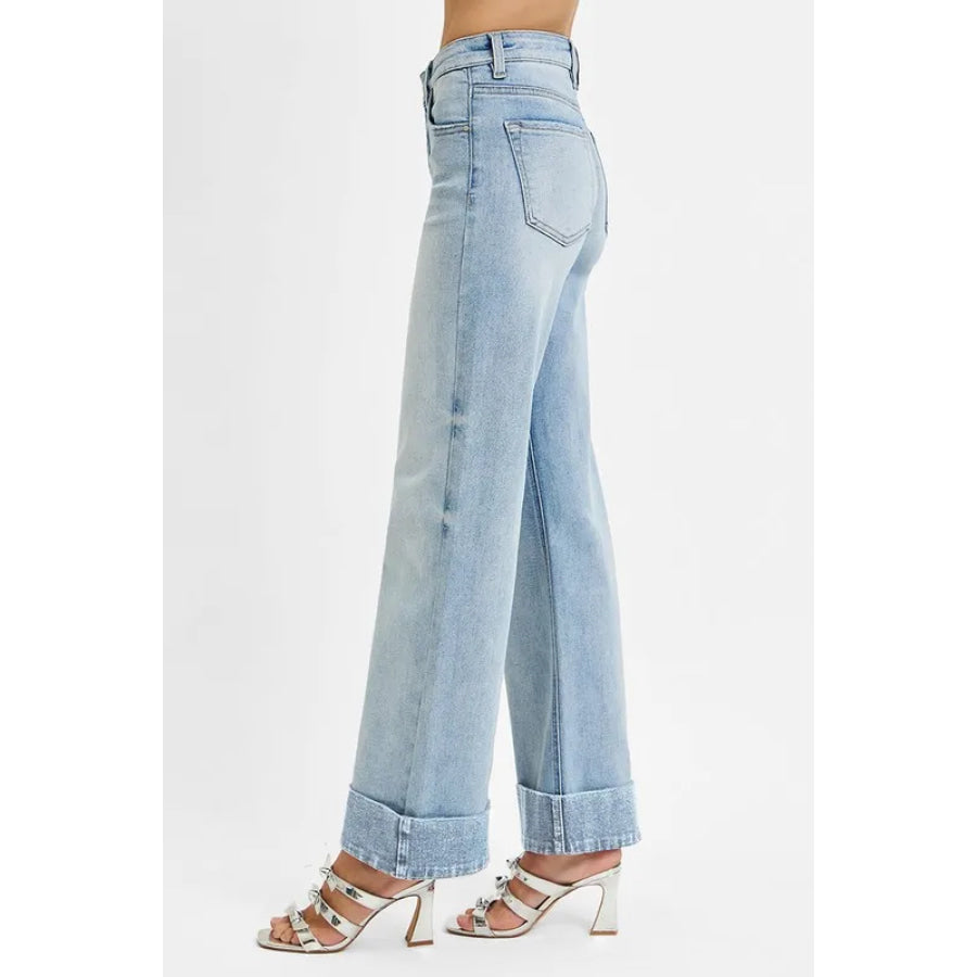 RISEN Full Size Tummy Control High Rise Ankle Wide Cuffed Jeans Plus Size Apparel and Accessories