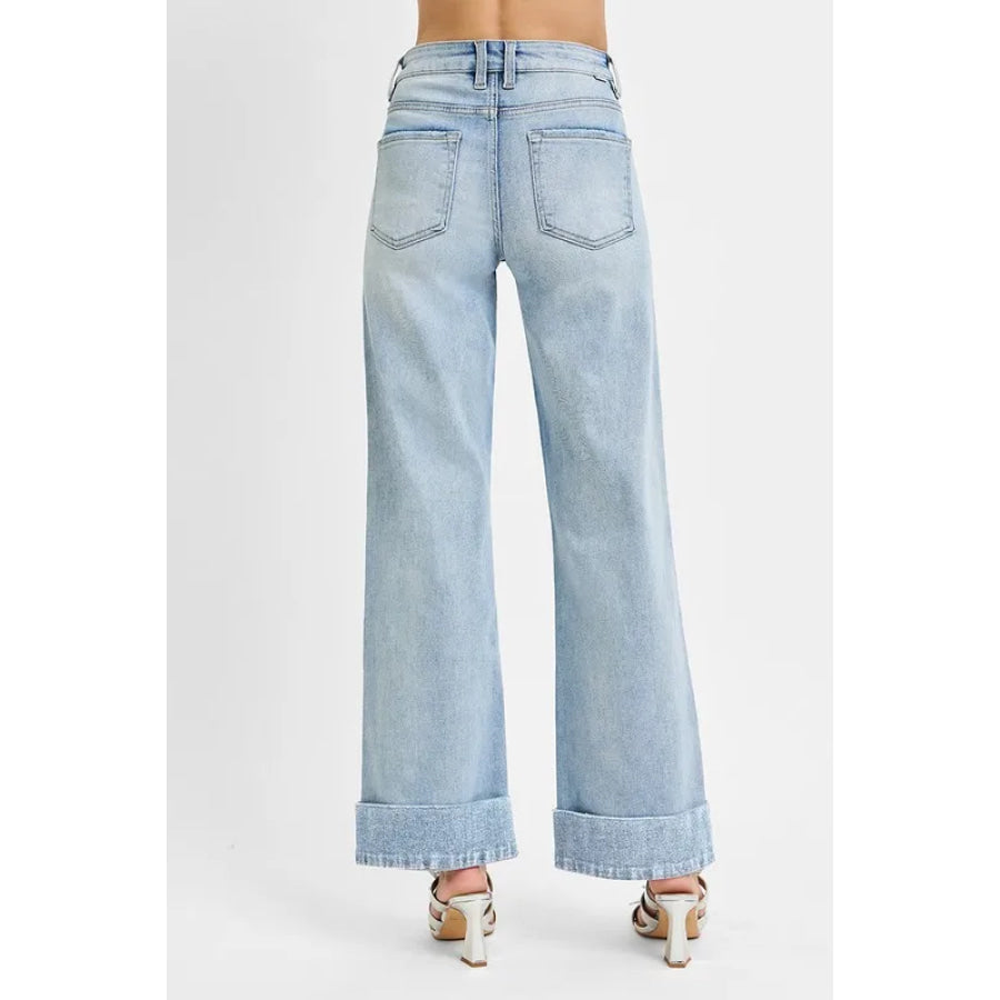 RISEN Full Size Tummy Control High Rise Ankle Wide Cuffed Jeans Plus Size Apparel and Accessories