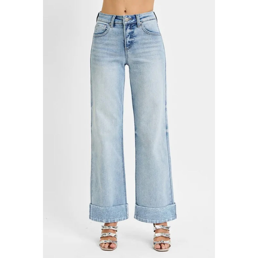 RISEN Full Size Tummy Control High Rise Ankle Wide Cuffed Jeans Plus Size Light / Apparel and Accessories