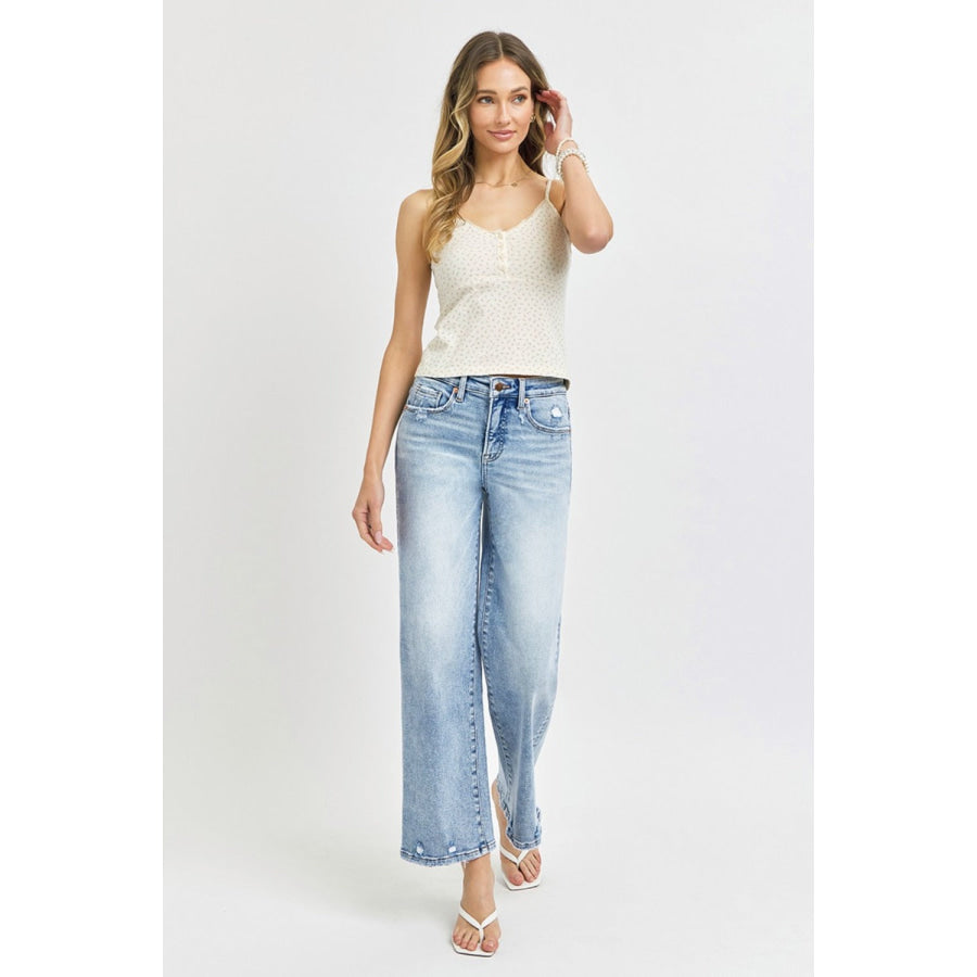 RISEN Full Size Tummy Control High Rise Crop Wide Leg Jeans Apparel and Accessories