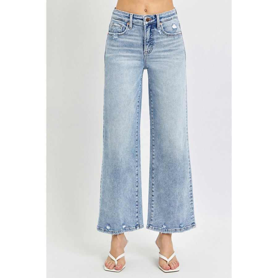 RISEN Full Size Tummy Control High Rise Crop Wide Leg Jeans Light / 0(24) Apparel and Accessories