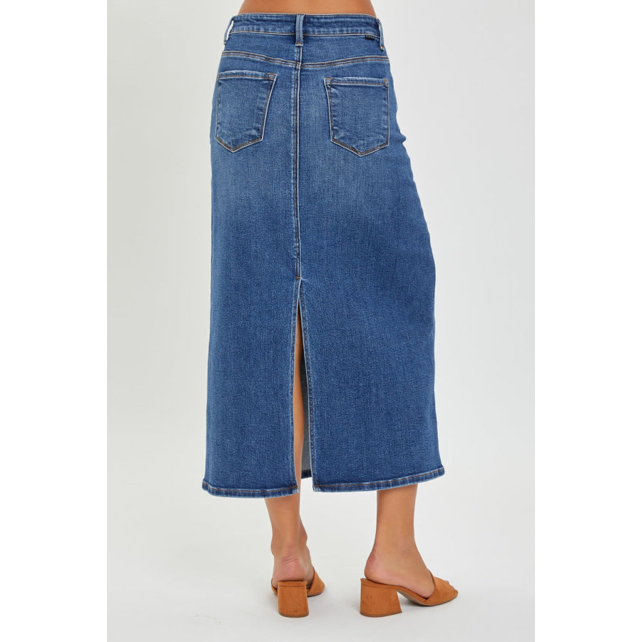 RISEN High Rise Back Slit Denim Skirt Apparel and Accessories