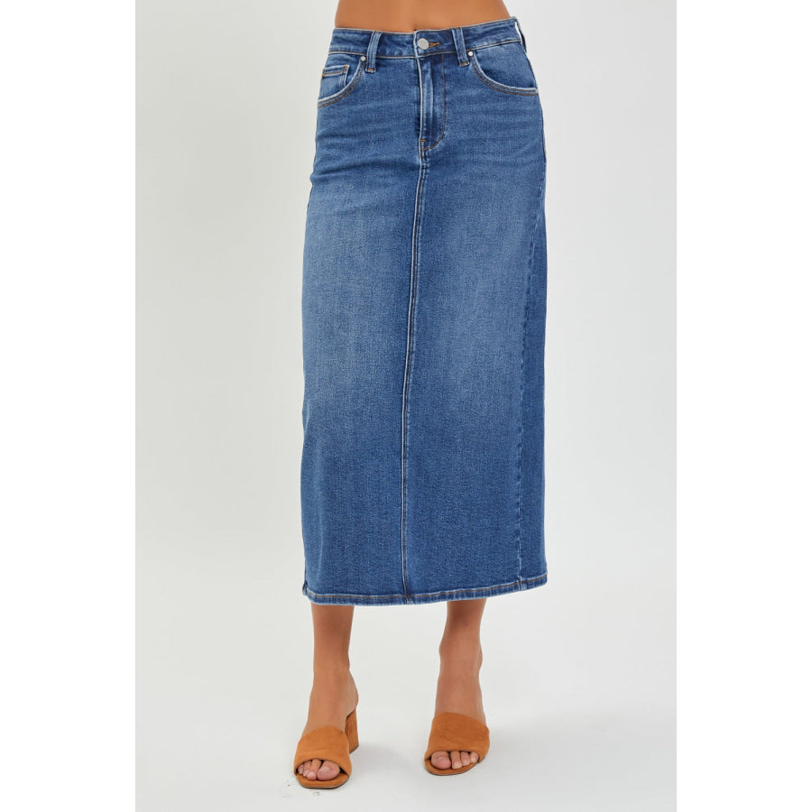 RISEN High Rise Back Slit Denim Skirt Dark / S Apparel and Accessories