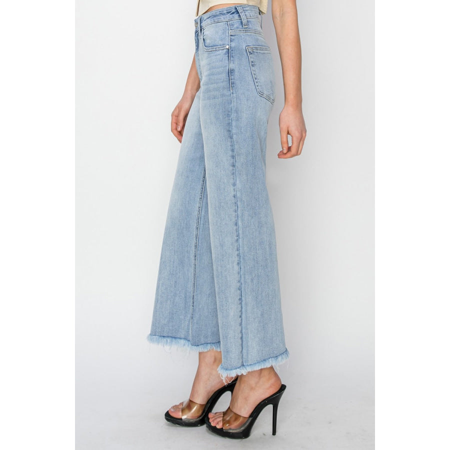 RISEN High Rise Crop Wide Fray Hem Jeans Apparel and Accessories