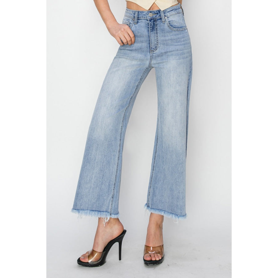 RISEN High Rise Crop Wide Fray Hem Jeans Apparel and Accessories