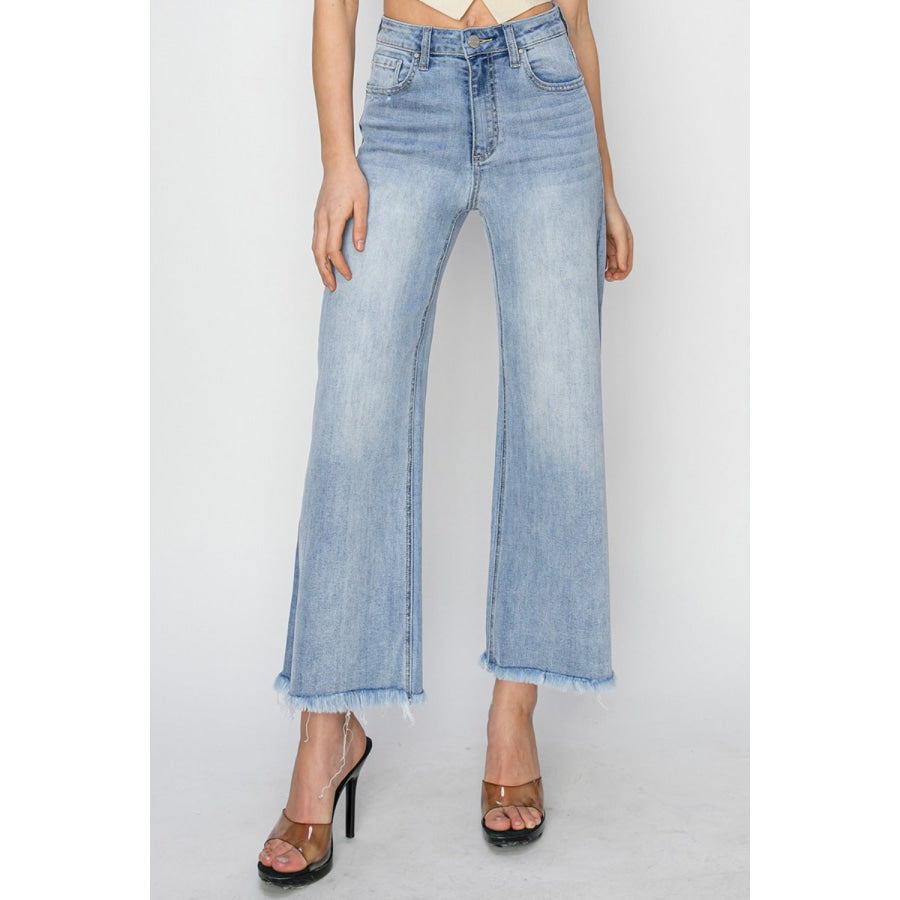 RISEN High Rise Crop Wide Fray Hem Jeans Apparel and Accessories