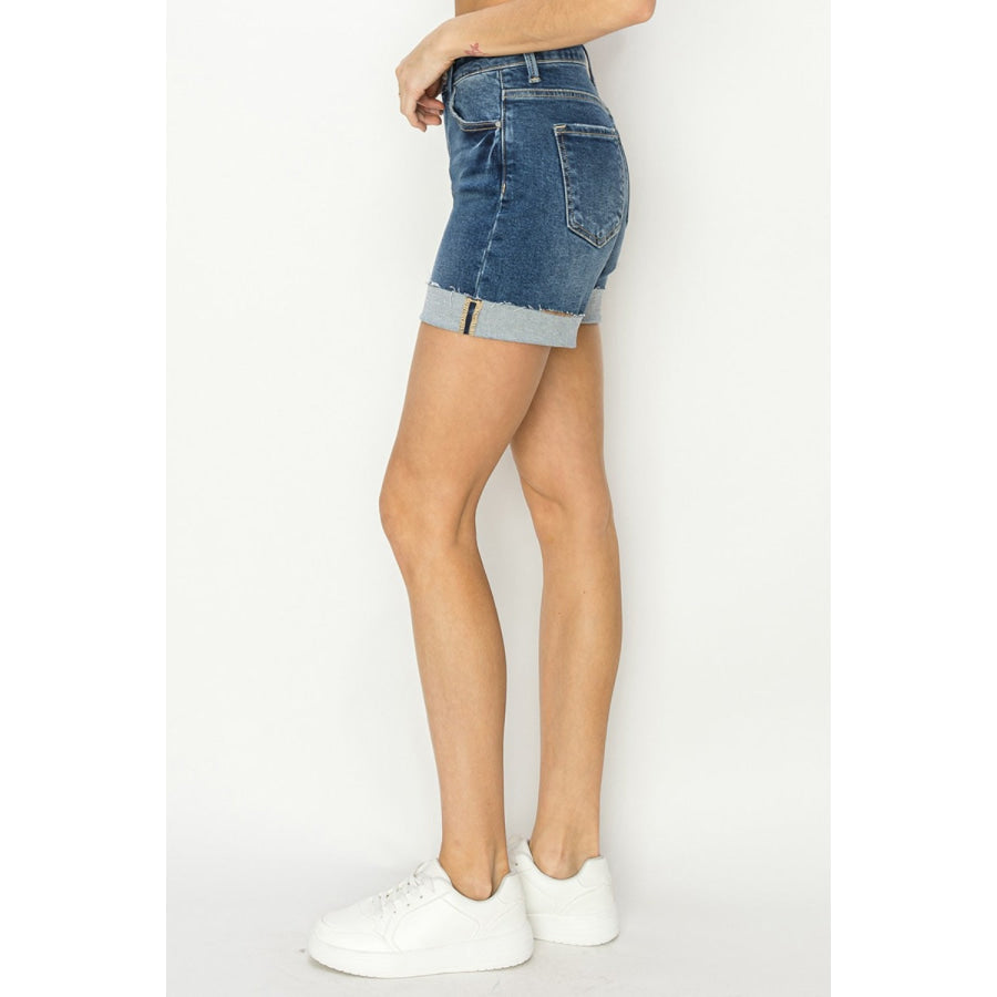 RISEN High Rise Cuffed Denim Shorts Apparel and Accessories