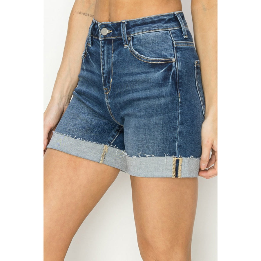 RISEN High Rise Cuffed Denim Shorts Apparel and Accessories