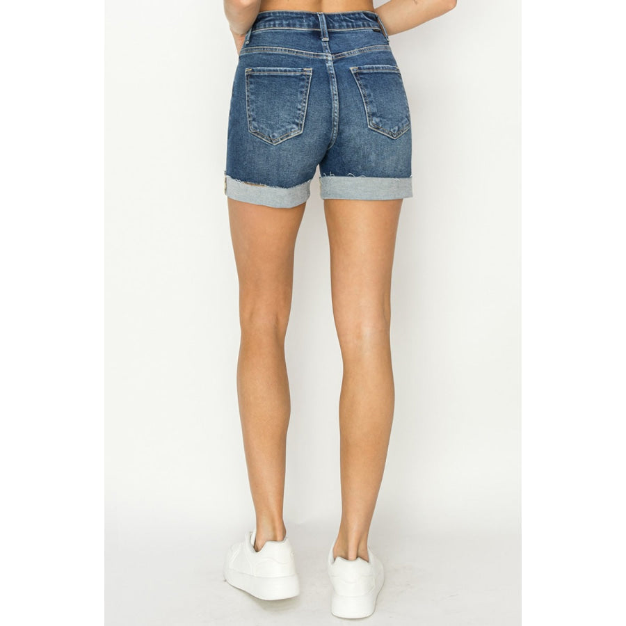 RISEN High Rise Cuffed Denim Shorts Apparel and Accessories