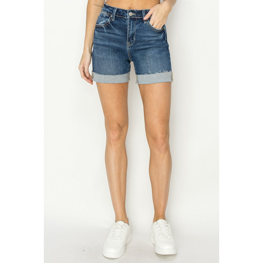 RISEN High Rise Cuffed Denim Shorts Apparel and Accessories