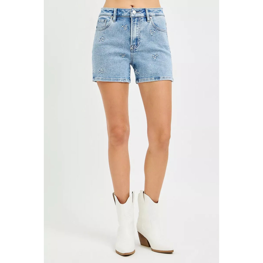 RISEN High Rise Denim Shorts with Embroidered Detail LIGHT / S Apparel and Accessories