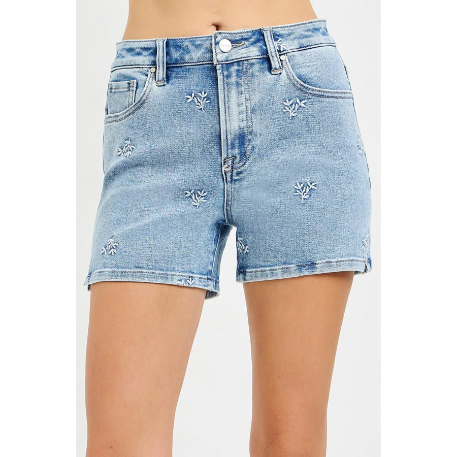 RISEN High Rise Denim Shorts with Embroidered Detail LIGHT / S Apparel and Accessories