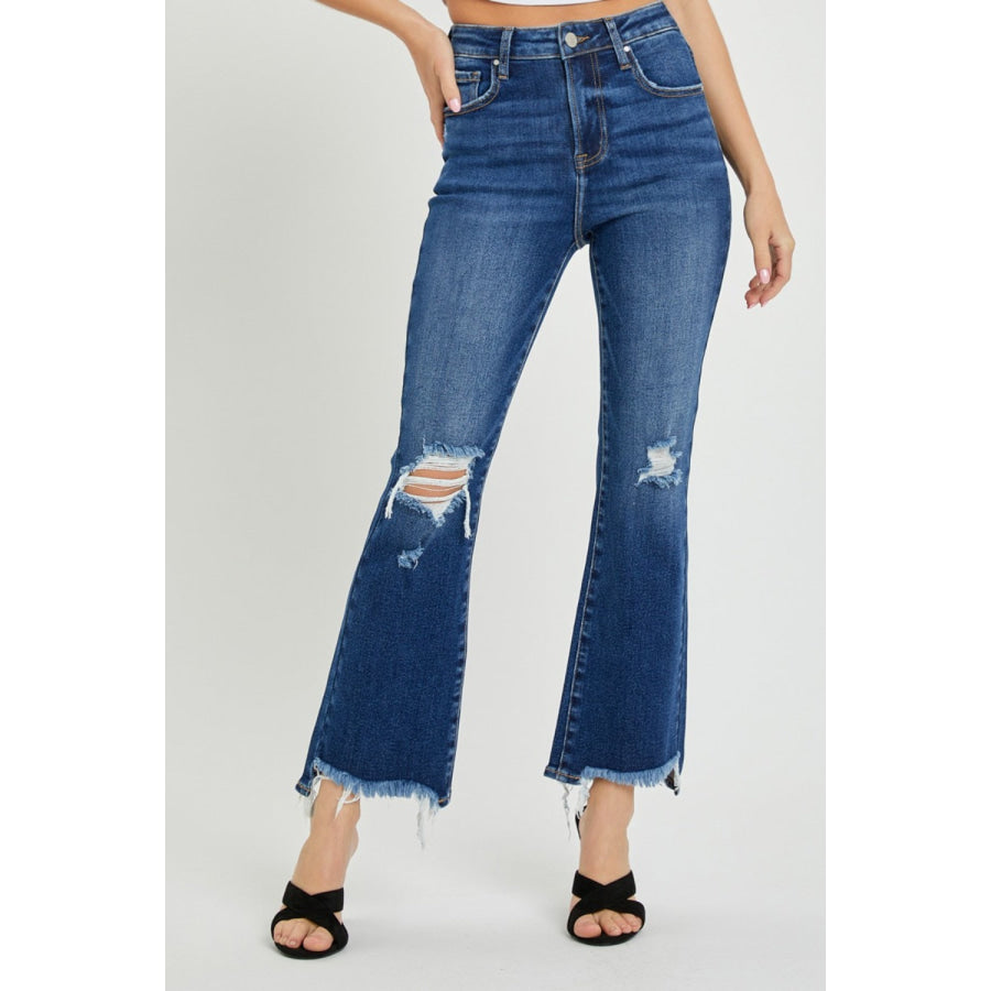 RISEN High Rise Distressed Crop Flare Jeans Dark / 0(24) Apparel and Accessories