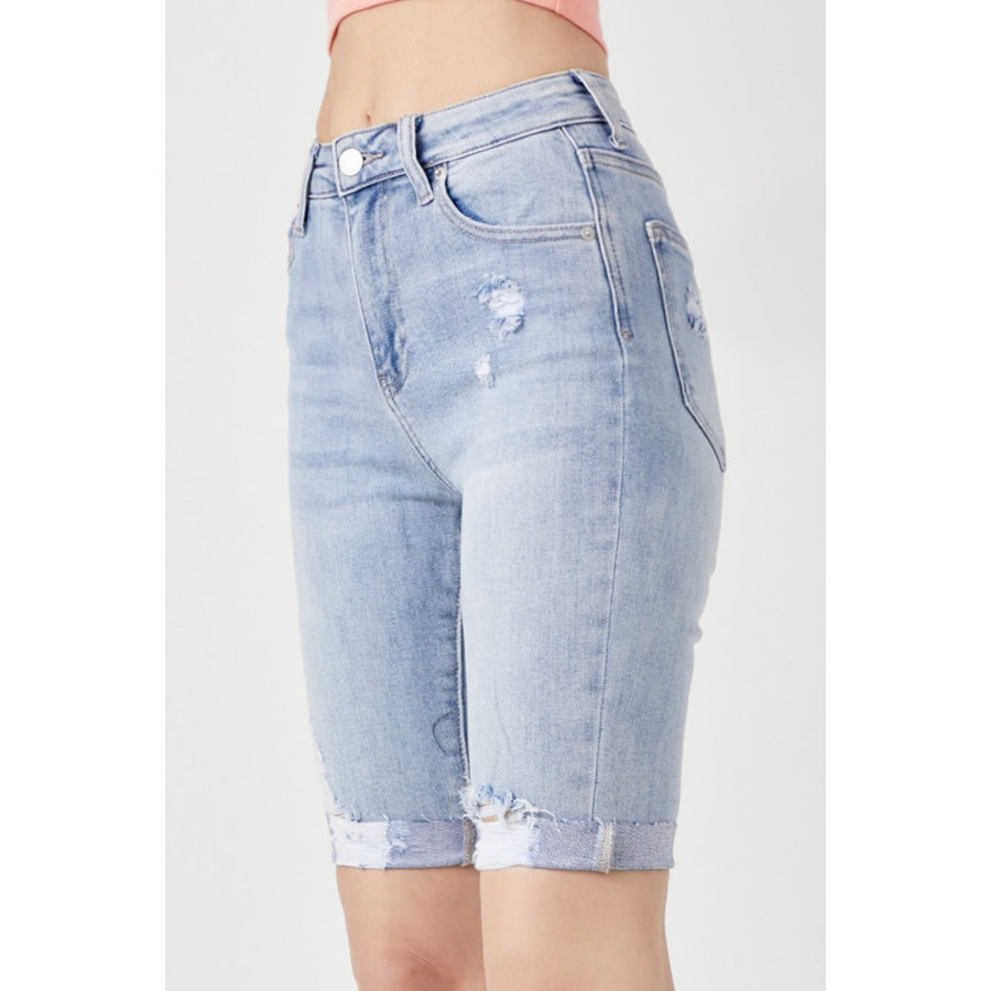 RISEN High Rise Distressed Denim Bermuda Shorts Apparel and Accessories