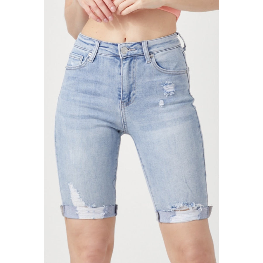 RISEN High Rise Distressed Denim Bermuda Shorts Light / 1(25) Apparel and Accessories