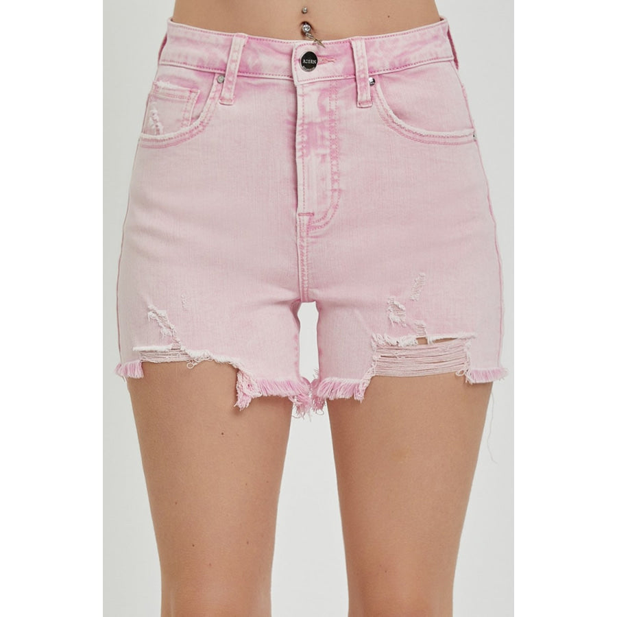 RISEN High Rise Distressed Denim Shorts Acid Pink / S Apparel and Accessories