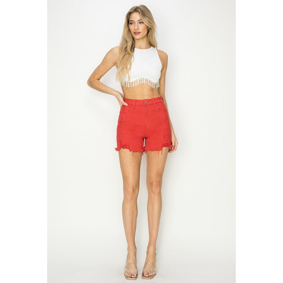 RISEN High Rise Distressed Denim Shorts Apparel and Accessories