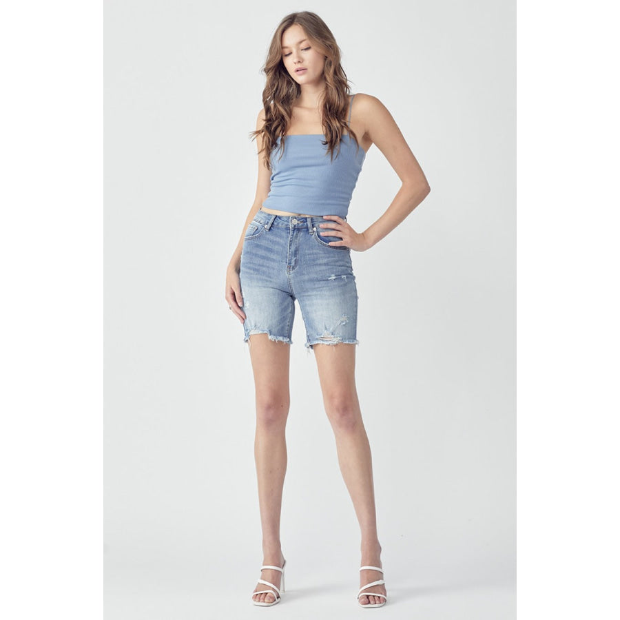 RISEN High Rise Distressed Denim Shorts Apparel and Accessories