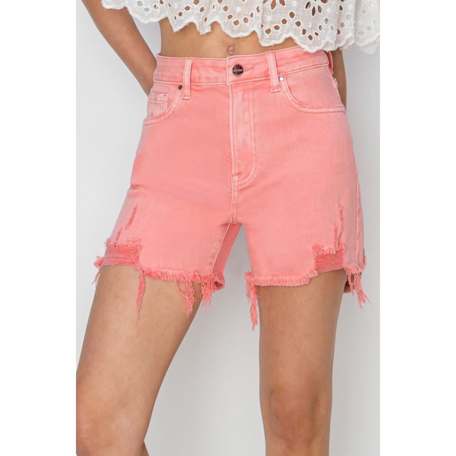 RISEN High Rise Distressed Denim Shorts Flamingo / S Apparel and Accessories