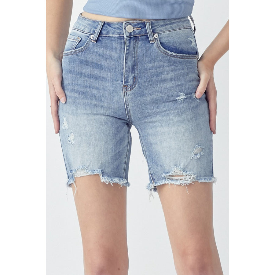 RISEN High Rise Distressed Denim Shorts Light / S Apparel and Accessories