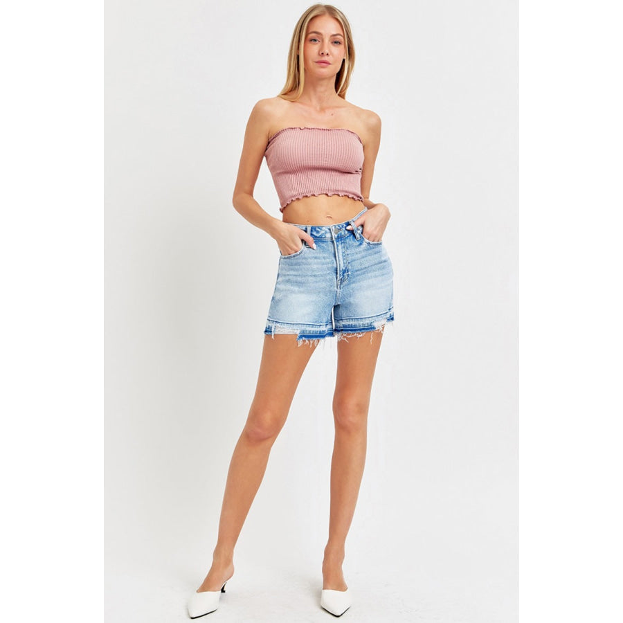 RISEN High Rise Distressed Hem Denim Shorts Apparel and Accessories