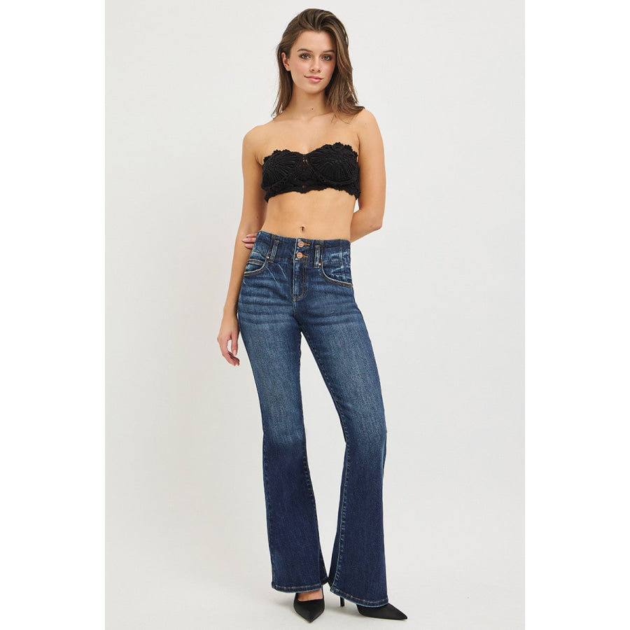 RISEN High Rise Flare Jeans With Seam Detail Waistband Apparel and Accessories