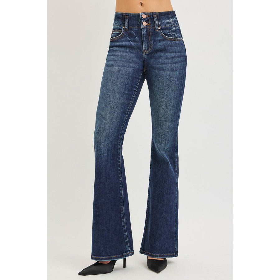 RISEN High Rise Flare Jeans With Seam Detail Waistband DARK / Apparel and Accessories