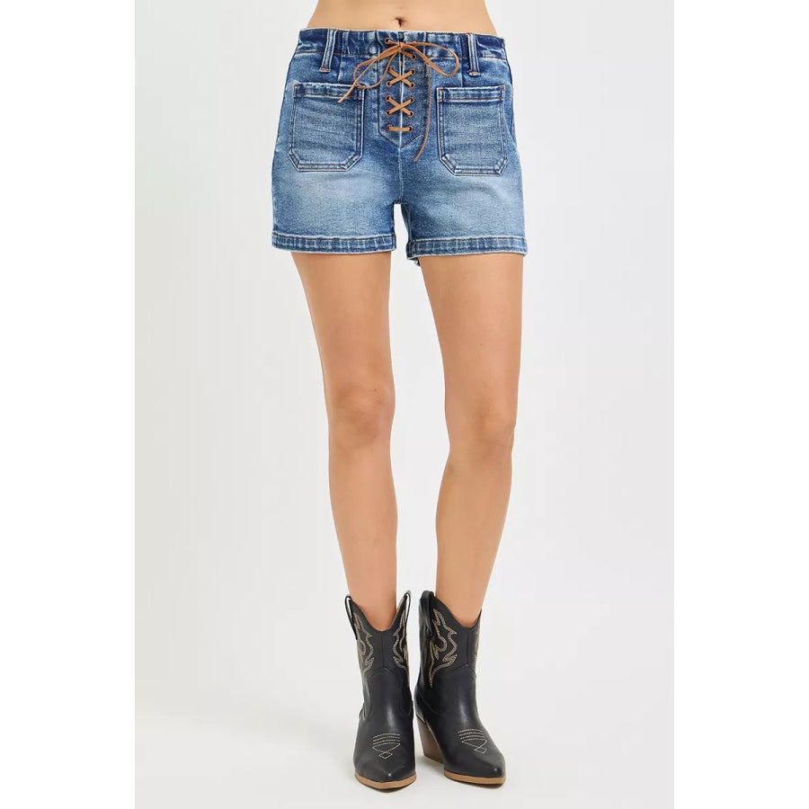 RISEN High Rise Front Tie Up Shorts with Patch Pockets Apparel and Accessories