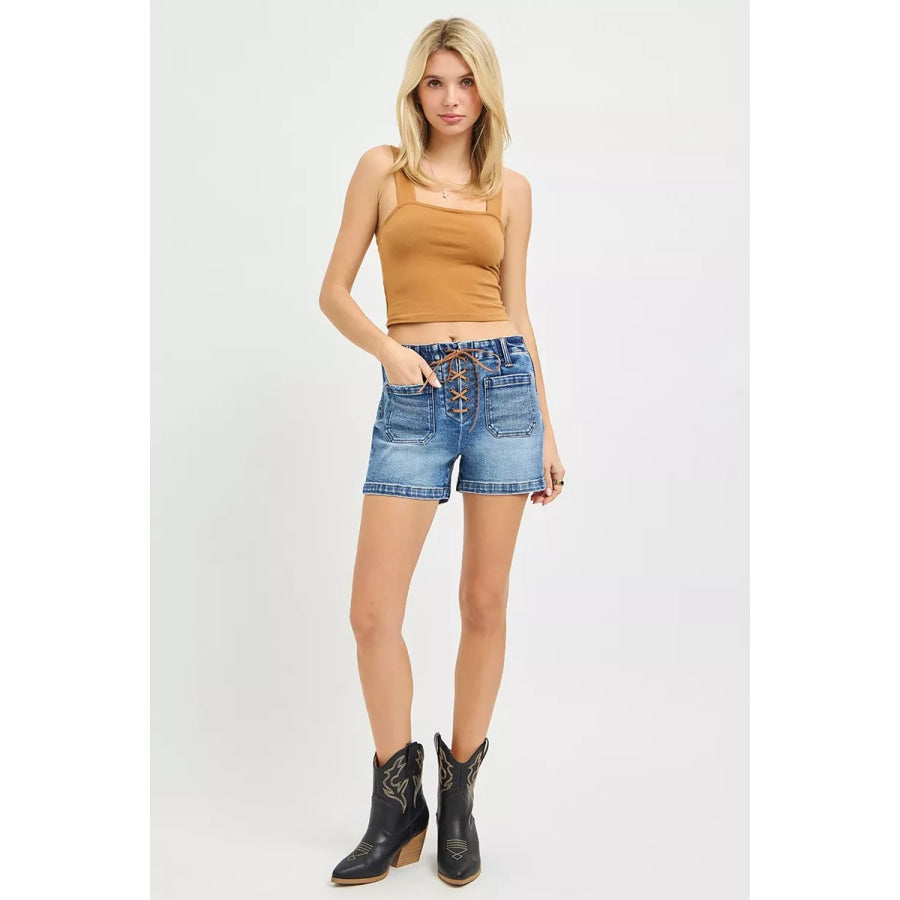 RISEN High Rise Front Tie Up Shorts with Patch Pockets Apparel and Accessories