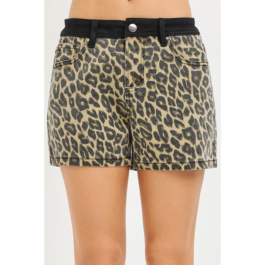 RISEN High Rise Leopard Shorts with Contrast Waistband Apparel and Accessories