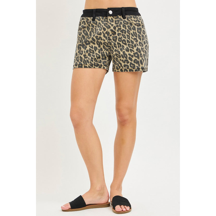 RISEN High Rise Leopard Shorts with Contrast Waistband Apparel and Accessories