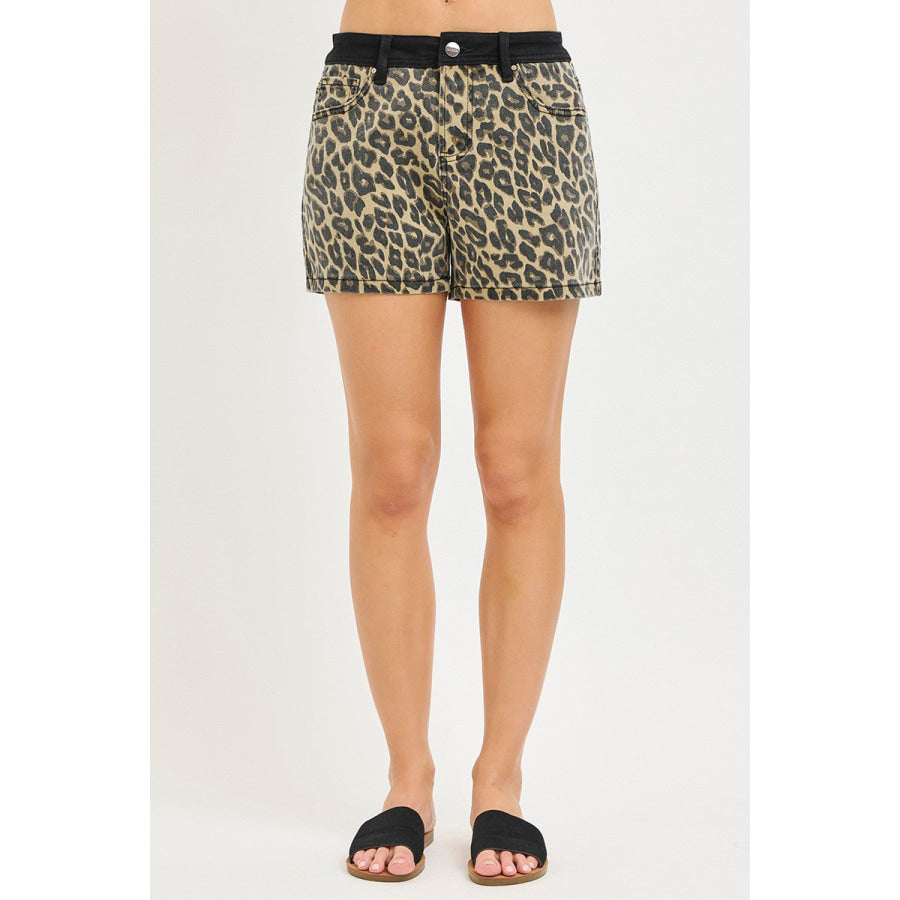 RISEN High Rise Leopard Shorts with Contrast Waistband Apparel and Accessories