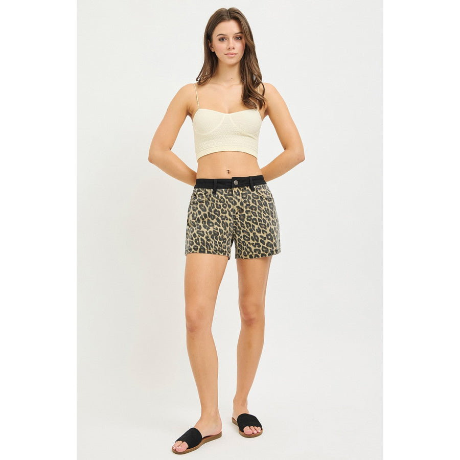 RISEN High Rise Leopard Shorts with Contrast Waistband Apparel and Accessories
