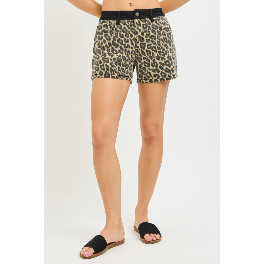 RISEN High Rise Leopard Shorts with Contrast Waistband COFFEE / S Apparel and Accessories